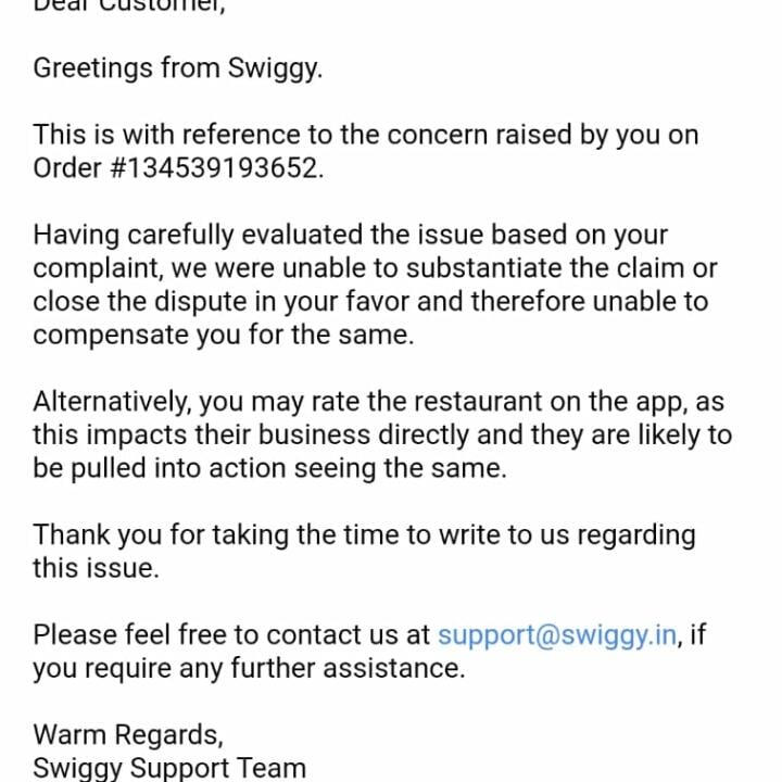 SwiggyCares 1 star review on 3rd May 2022