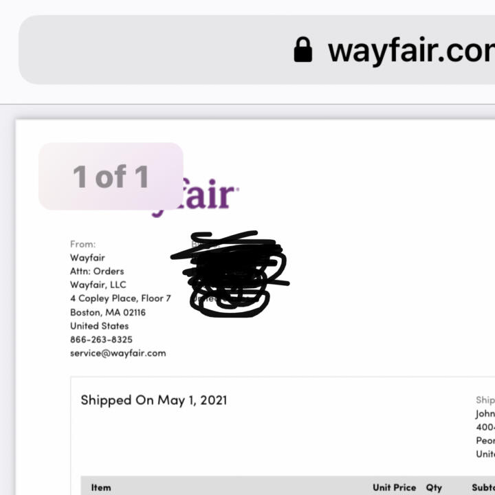Wayfair 1 star review on 6th May 2021