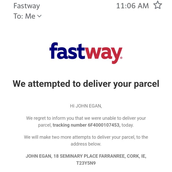Fastway Couriers Ireland 1 star review on 15th March 2024