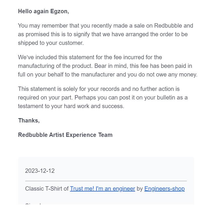Redbubble 1 star review on 27th December 2023