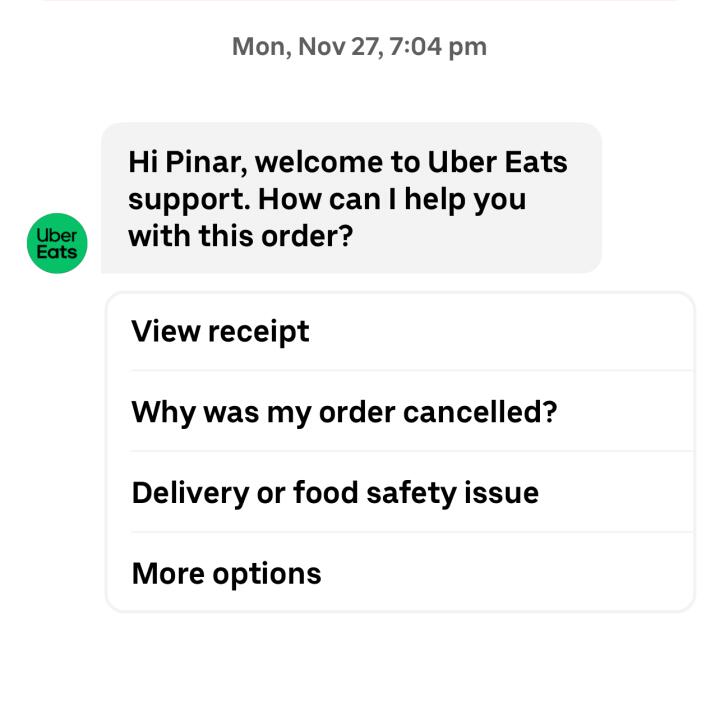 UberEATS 1 star review on 27th November 2023