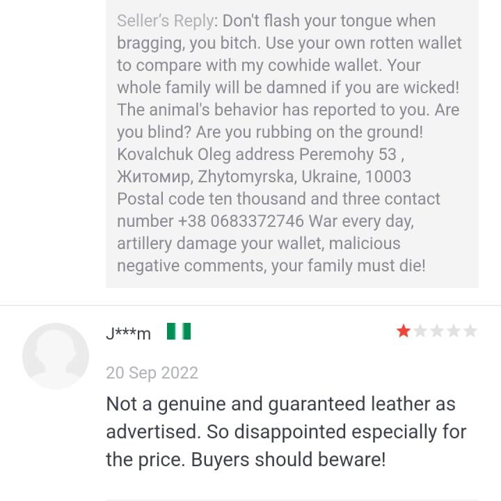 Aliexpress 1 star review on 9th November 2022
