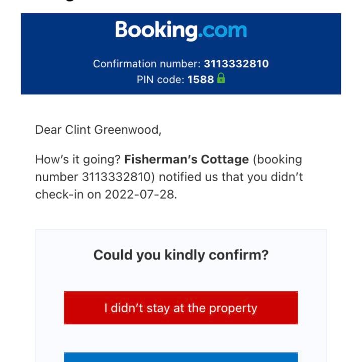 Booking.com 1 star review on 7th August 2022