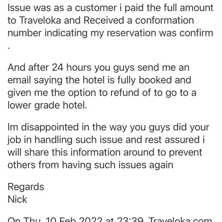Traveloka 1 star review on 10th February 2022