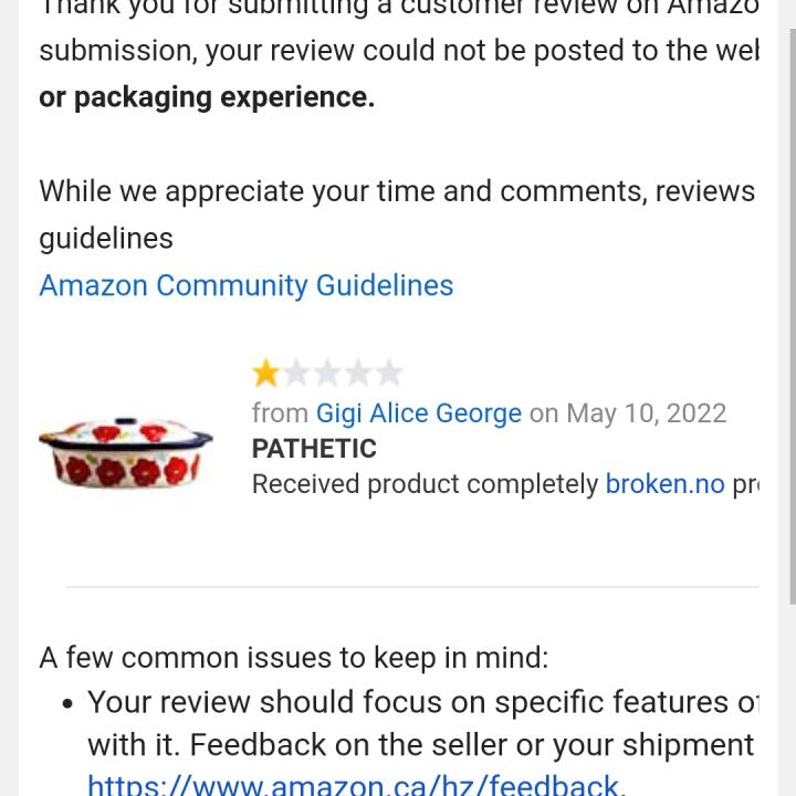 Amazon Canada 1 star review on 12th May 2022
