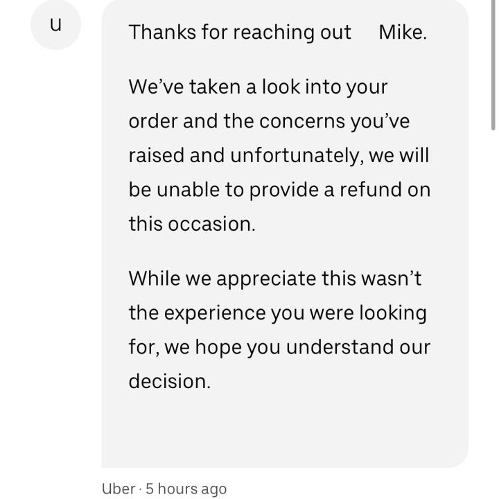 UberEATS 1 star review on 27th December 2023