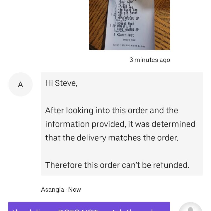 UberEATS 1 star review on 21st March 2024
