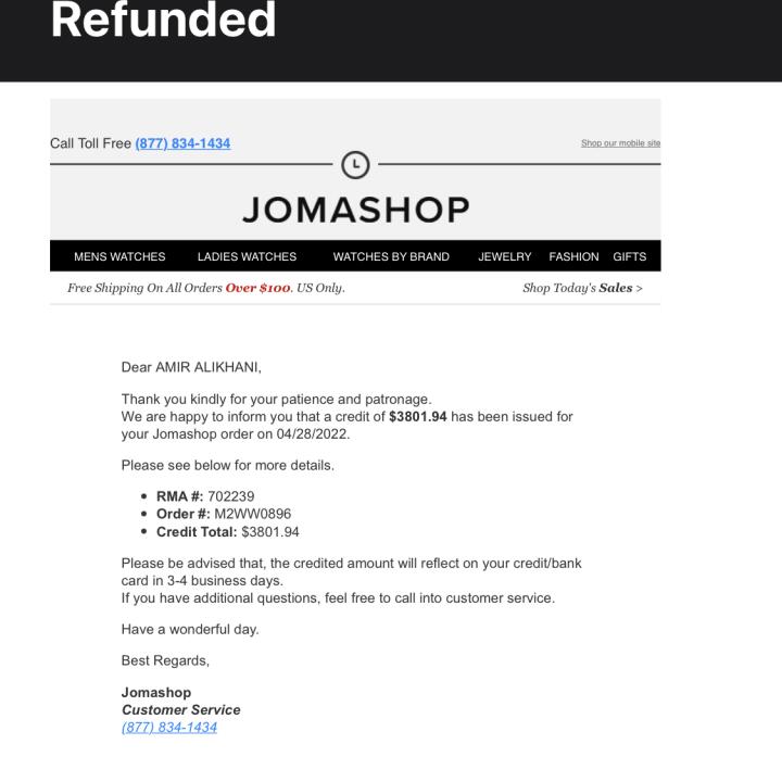 Jomashop 1 star review on 11th May 2022