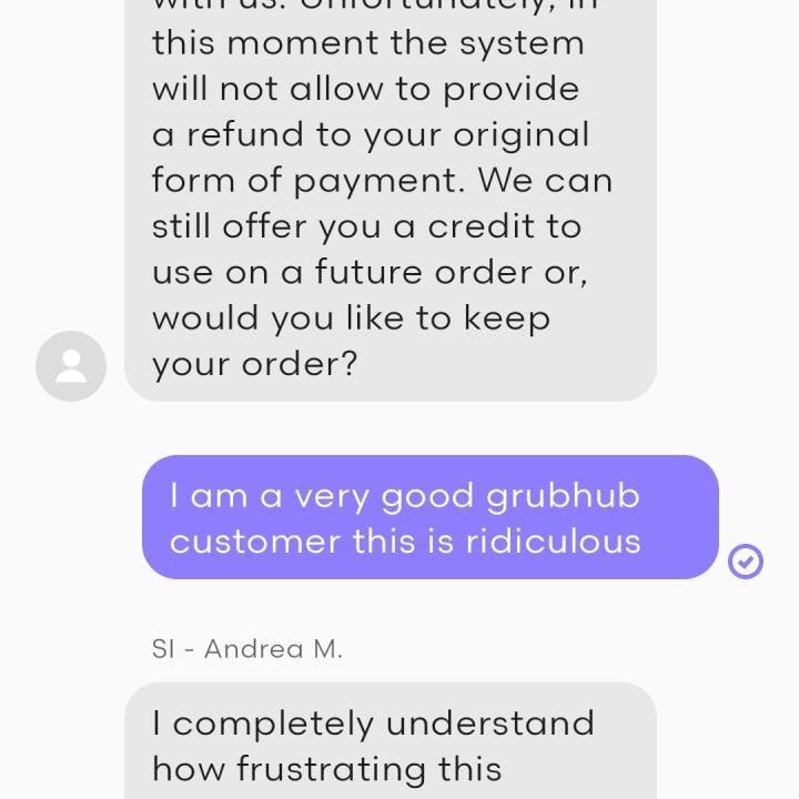 grubHub 1 star review on 7th May 2024