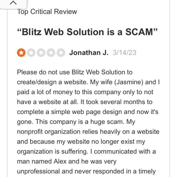 blitzwebsolution.com 1 star review on 14th August 2023