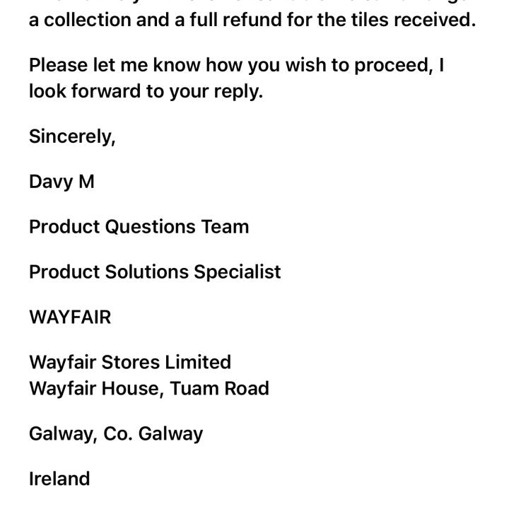 Wayfair 1 star review on 16th July 2021