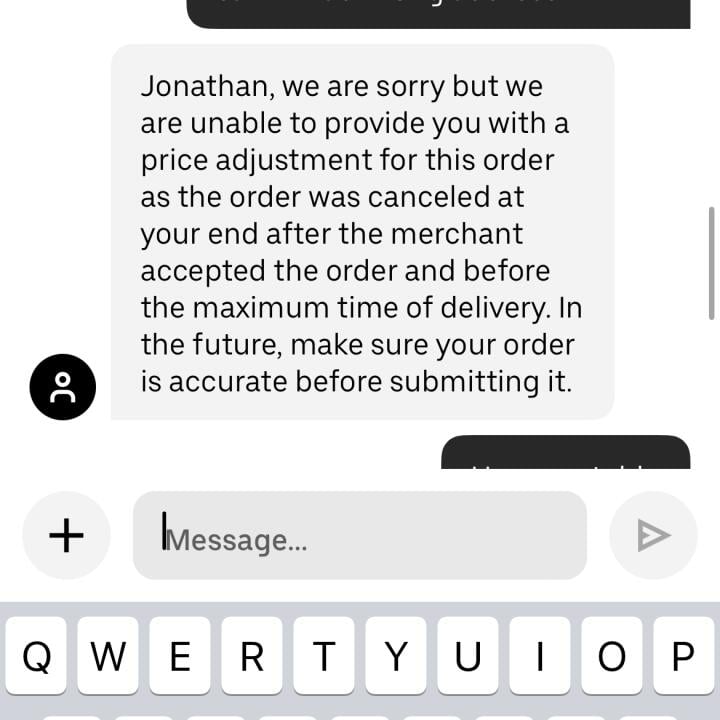 UberEATS 1 star review on 20th April 2024