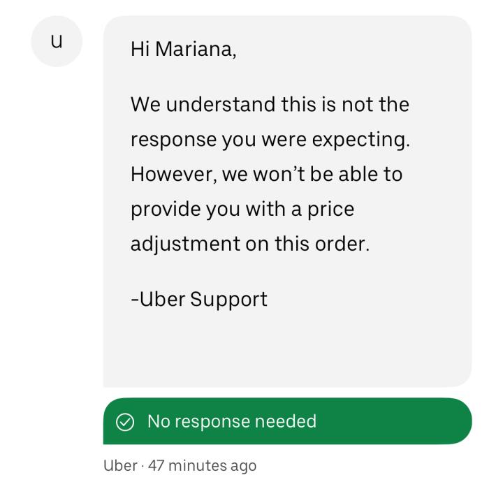 UberEATS 1 star review on 23rd January 2024