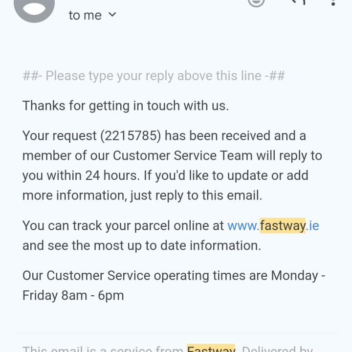 Fastway Couriers Ireland 1 star review on 25th November 2023