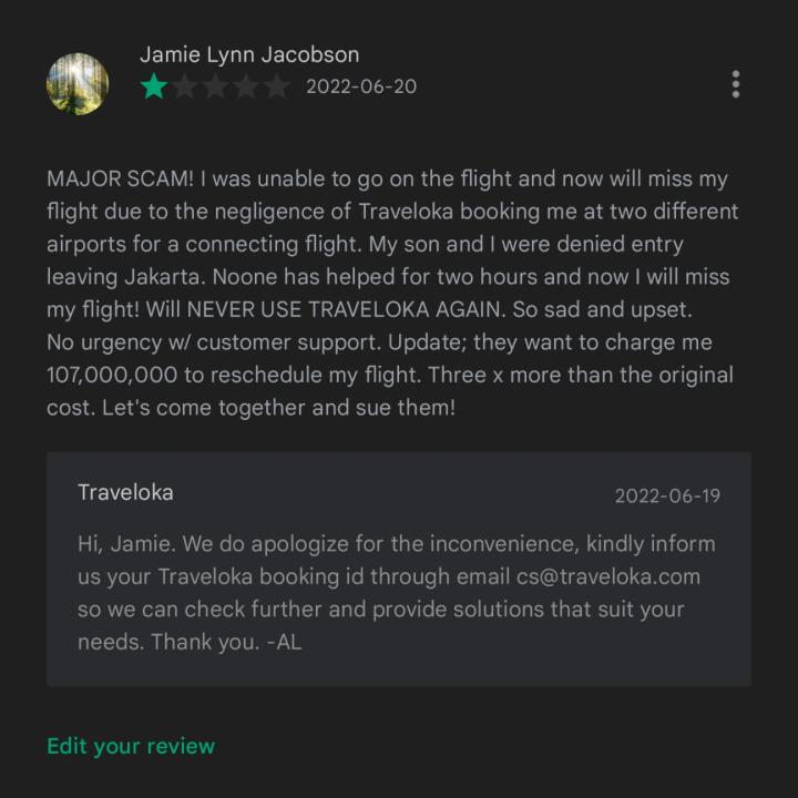 Traveloka 1 star review on 20th June 2022