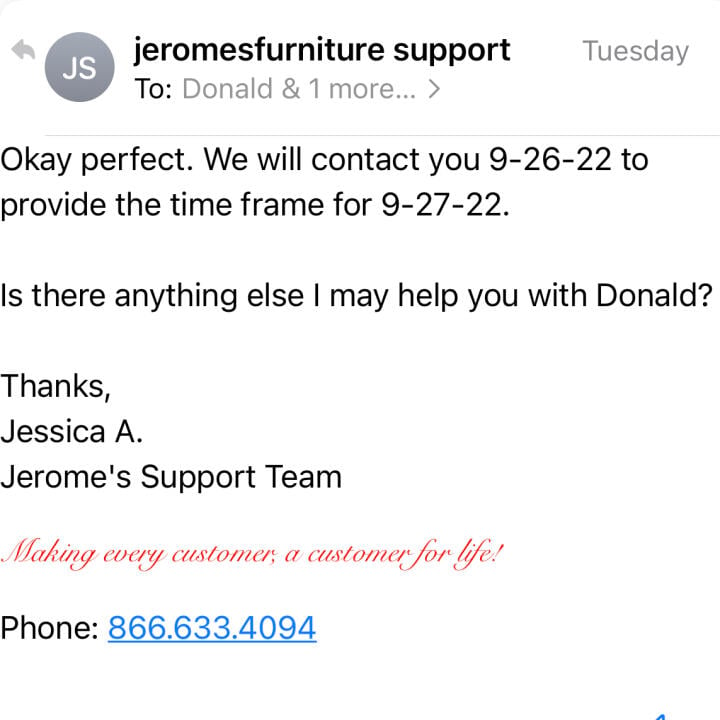 Jerome's Furniture 1 star review on 28th September 2022