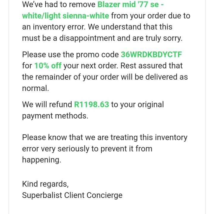 Superbalist.com 1 star review on 2nd December 2021