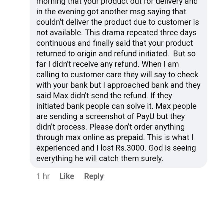 max fashion 1 star review on 28th December 2021