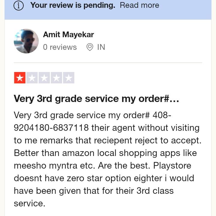 Amazon India 1 star review on 22nd August 2023