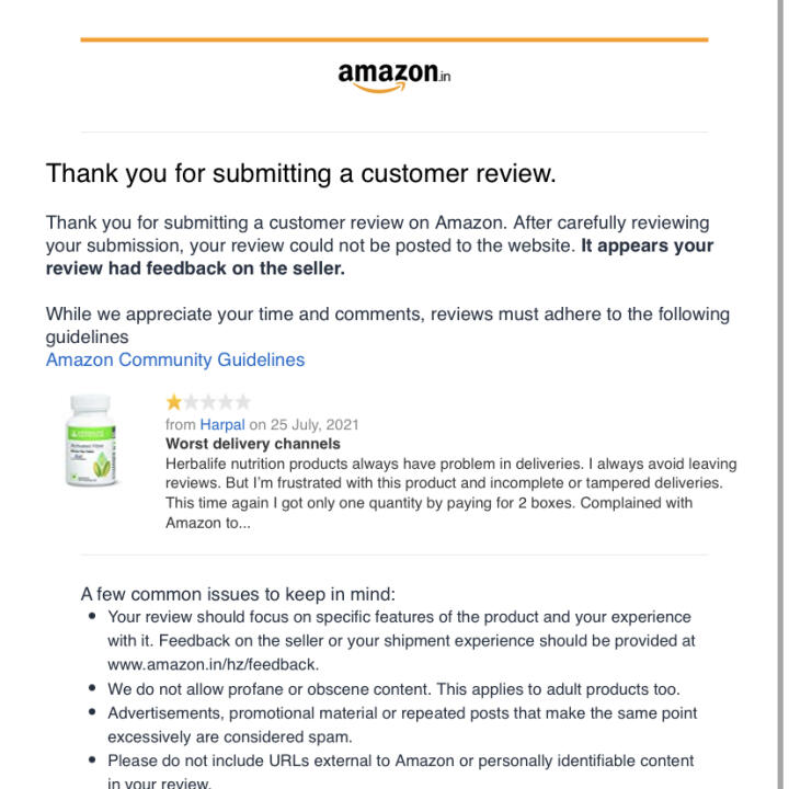 Amazon India 1 star review on 27th July 2021