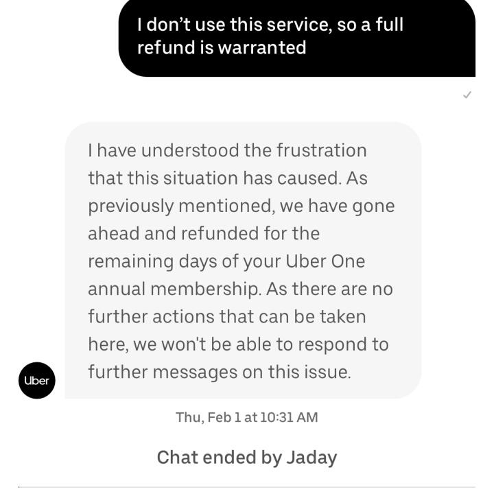 Uber Support 1 star review on 1st February 2024