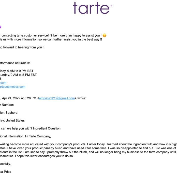 Tarte Cosmetics 1 star review on 24th April 2022